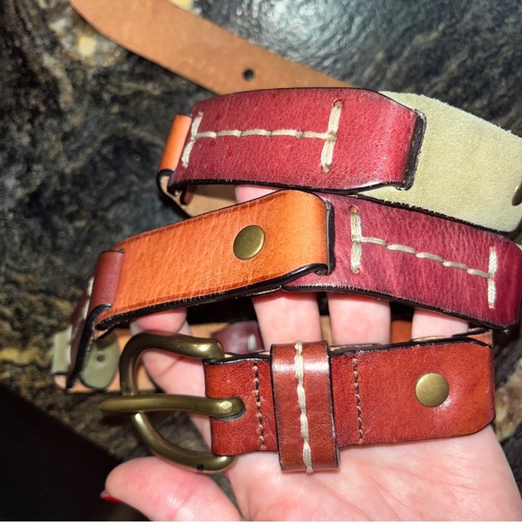 Fossil LEATHER straps Chain Link BROWN BELT 35-39” olive Tan Copper Buckle large - Picture 6 of 16
